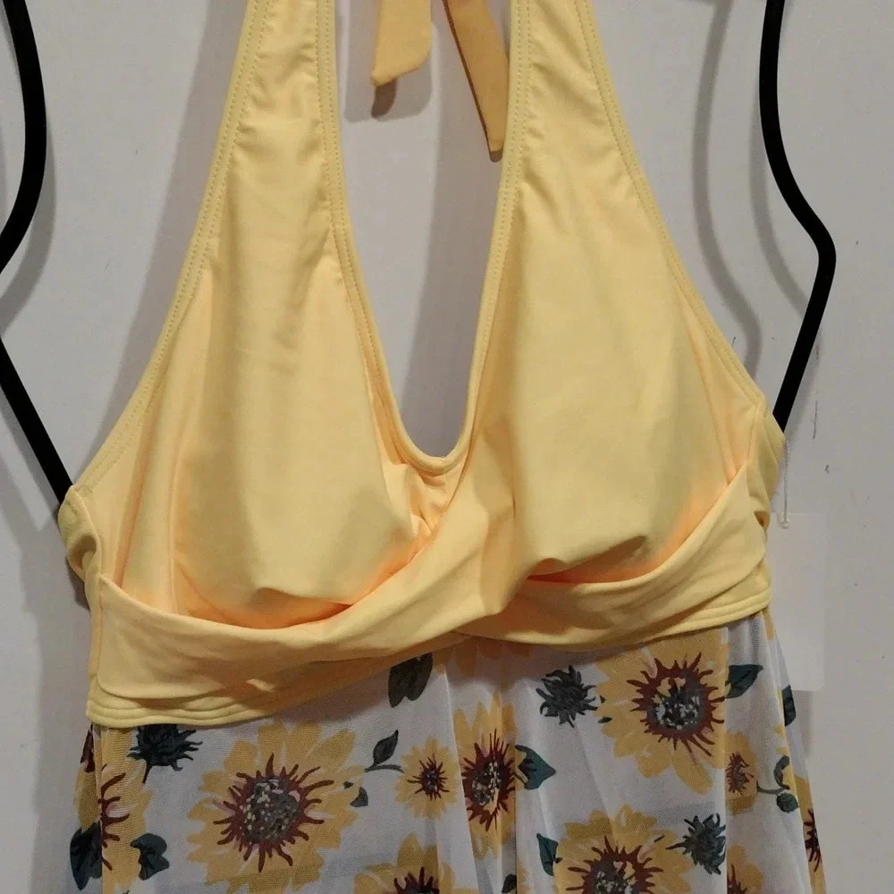 NWT Holipick Women's Sunflower Print Mesh Halter Style Swim Top M-Beach Resort